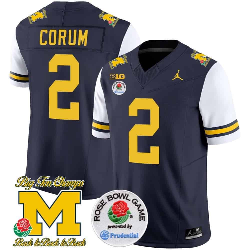 Men Michigan Wolverines 2 Corum Drak Blue 2024 Rose Bowl Patch Vapor Limited NCAA Jersey style 1